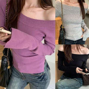 Modern Womens Casual Pullover with Long Sleeves and Off The Shoulder Cut - Picture 1 of 44