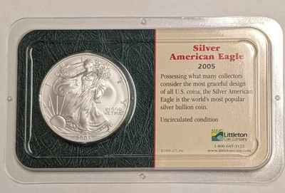 2005 American Silver Eagle ~ BU 1 oz .999 Fine Silver ASE $1 Littleton Package - Image 1 of 4