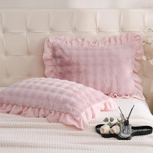 Pink Ruffle Pillow Shams 2 Pack Fuzzy Faux Fur Pillowcases Ultra Soft Rabbit ... - Picture 1 of 9