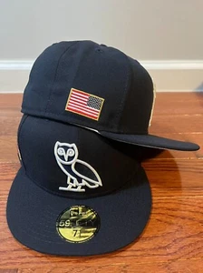 New Era X OVO Owl Logo Drake American Flag Side Patch 59Fifty Fitted Hat-Navy - Picture 1 of 7