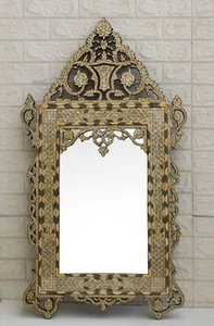 Vintage Wood Wall Hanging Mirror Frame, 40" H Mother of Pearl Moroccan Mirror - Picture 1 of 8