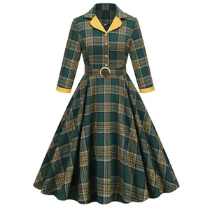 Ladies 1940s 50s Rockabilly Retro Plaid Midi Dress Long Sleeve Lapel Swing Dress - Picture 1 of 13