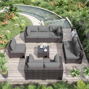 9 Pieces Outdoor Patio Furniture Set Sectional Sofa Sets Brown PE Rattan Patio C - Picture 1 of 12