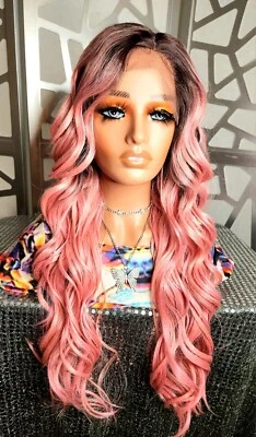 Peluca larga rosa, peluca larga ondulada peluca frontal de encaje peluca pastel, peluca ombre, peluca rosa rizado Foto 1 de 4