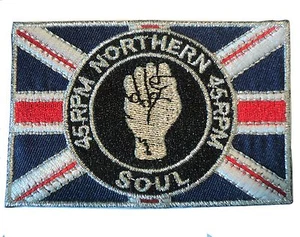 Northern Soul 45rpm Fist On GB Union Flag Iron/ Sew On Embroidered MOD Patch NEW - Picture 1 of 1