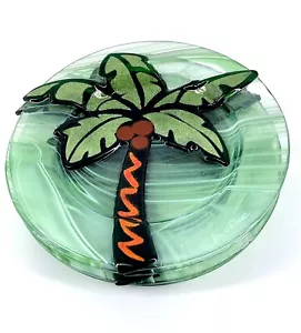 SIGNED LOT 4 JAN MITCHELL LARSON FUSED GLASS PALM TREE 7.5" PLATES ST. CROIX - Picture 1 of 7