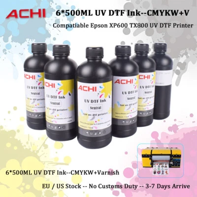 500ML UV DTF INK For Epson XP600 UV DTF Sticker Printer CMYKW+Varnish 6 Bottles - Image 1 of 4