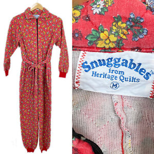 Vtg 70s RED SNUGGABLES PAJAMA SUIT One Piece Cabin Camping Floral Zip M L