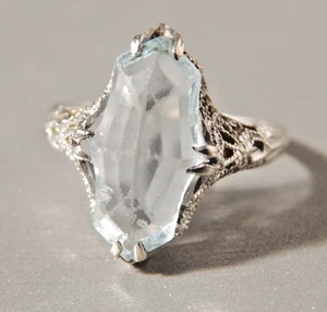 Vtg 1940s 14K White Gold Marquise Cut Aquamarine (1.94g) Filigree Ring-SZ 4.5 - Picture 1 of 9