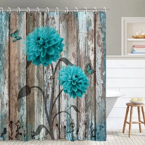 Teal Floral Shower Curtain 72x84 Inch Farmhouse Turquoise Blue Daisy 12 Hook - Picture 1 of 7