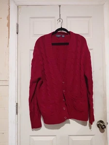 CREW Men's Shetland 100% Wool Cardigan Sweater L Cable Knit Vivid Red Button - Picture 1 of 9