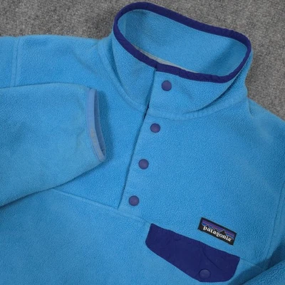 Patagonia Synchilla Snap-T Womens M Blue Fleece Brown Trim Pocket Pullover READ - Image 1 of 4