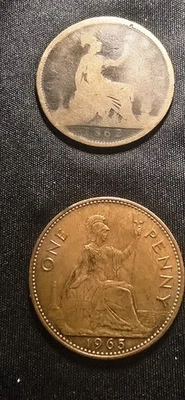 Moedas de um centavo britânicas de 1862 + 1965 - Imagem 1 de 2