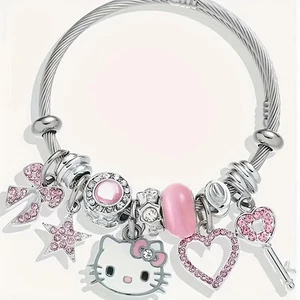 Pulsera Hello Kitty Dije Rosa y Plata Cable Brazalete Lindo Arco Corazón Estrella Llave Ch - Imagen 1 de 3
