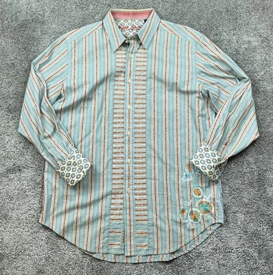 Camisa Robert Graham Para Hombre Mediana Rayas Bordada Floral Manga Larga Vestido Shi Foto 1 de 4