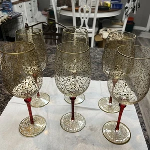 Pier 1 - Gold filigran 6 Kristallglas Weinkelche roter Stiel Vintage - Bild 1 von 2