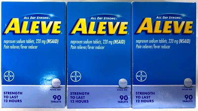 Lote de 3 Aleve Naproxeno Sodio, Reductor de Dolor/Fiebre 90 Comprimidos Cada uno - CADUCIDAD 26/03 Foto 1 de 2
