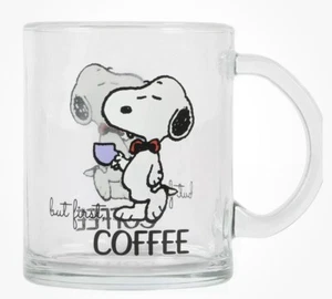Taza de vidrio Peanuts 2024 SNOOPY GRANDE 16,2 OZ “pero primer café” taza NUEVA - Imagen 1 de 4