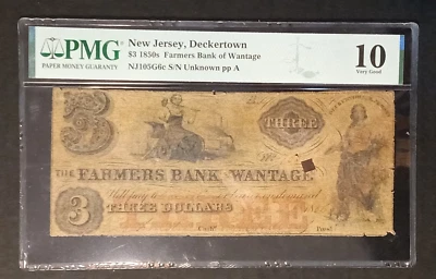 NJ $3 DECKERTOWN New Jersey Farmers Bank of WANTAGE 1856 PMG VG 10  NJ-105 G6c - Image 1 of 4