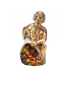 PUTTO ANGELO STATUA CORNUCOPIA CON FRUTTA IN CERAMICA FOGLIA ORO E AVORIO - Imagen 1 de 1