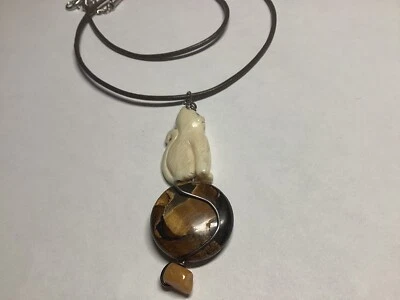 "Colgante de gato tallado con piedra ojo de tigre y cuentas ámbar marrón 18"" collar de cuerda de colección" Foto 1 de 4