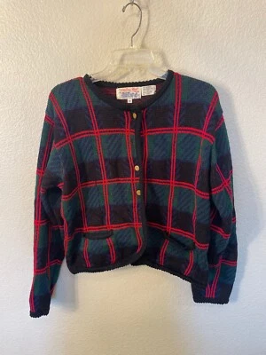 Cárdigan Vintage Años 80 90 Tally-Ho Rojo Verde Talla Mediana Abotonado Envejecido Foto 1 de 4