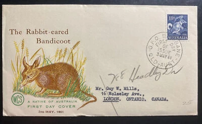 Brisbane Australia 1961 primer día cubierta FDC a Canadá conejo bandicoot Foto 1 de 2