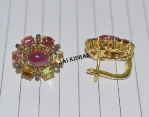 Multi Color Tourmaline Ruby Gemstone 925 Sterling Silver Diamond Women Earring - Picture 1 of 10