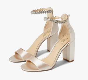 Jewel Badgley Mischka Louise women's textile Champagne Block heels sandal Sz 8.5 - Picture 1 of 11
