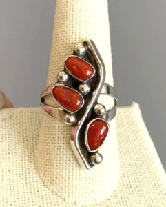 NAVAJO Long Sterling Silver DARK RED Natural Mediterranean CORAL Ring 9.5 WOW - Picture 1 of 11