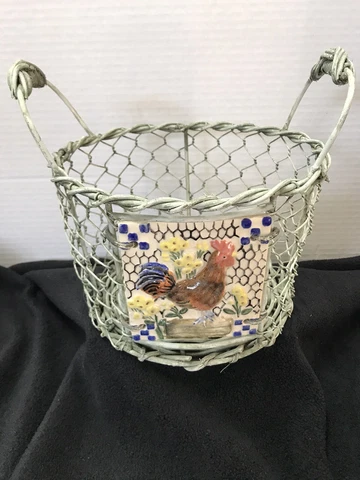 Vintage Chicken Wire Wicker Basket with Rooster Relief Ceramic Tile On Front Cover