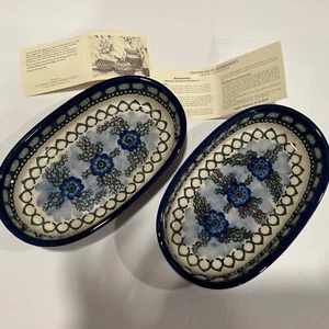 UNIKAT Polish Pottery 8”Condiment Lg 2 Dishes Peonies Flowers Pattern Signed NEW - Picture 1 of 12