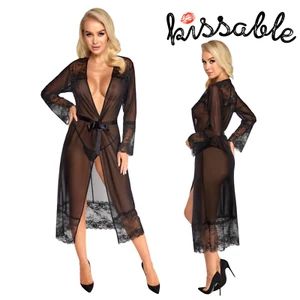 SALE Kissable Long Black Transparent Kimono Lace Satin Belt Sheer Lingerie Robe - Picture 1 of 9