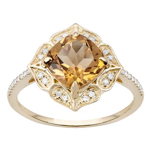 Anillo de citrino y diamantes de oro amarillo estilo vintage genuino corte cojín - Imagen 1 de 5