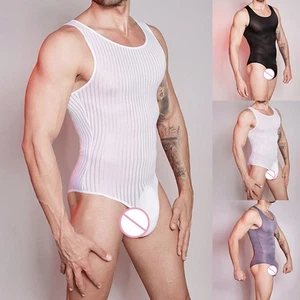 Herren Stretch Tanga Turnanzug mit Streifenmuster Hochelastisch Body Dessous - Bild 1 von 19