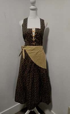 JUEGO DE FALDA Y CHALECO CAMPESINO ALGODÓN ESTAMPADO CALICÓ NEGRO/AMARILLO MANOUCHE AÑOS 70 Foto 1 de 4