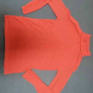 LOFT Women’s Size Medium Orange Striped Stretch Long Sleeve Turtleneck Top - Picture 1 of 11