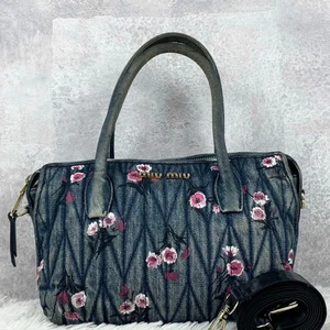 MIU MIU Matelasse Floral 2way Handbag Shoulder Bag Quilted Denim Navy From Japan - Picture 1 of 10