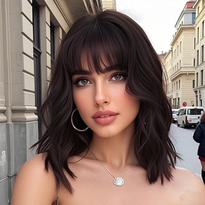 Natural Brown Wavy Wigs With Bangs Short Bob Wavy Wigs for Women Curly Synthe... - Picture 1 of 6