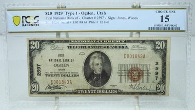 1929 $20 Type-1 First NB of Ogden Utah National Currency PCGS 15 #1843 - Image 1 of 2