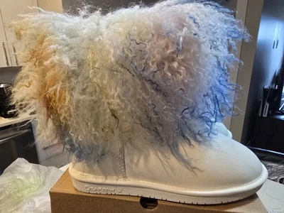 BEARPAW Boo Real Lamb Fur Lined Boots White / Rainbow Women's Size 7 NEW RARE - Image 1 of 4