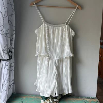 Lulus fun flirt ivory satin romper size large adjustable straps pleated - Image 1 of 4
