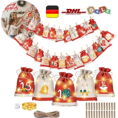 Adventskalender zum Befüllen 24 Stk Weihnachtskalender DIY Jutesäcke Säckchen DE - Bild 1 von 4