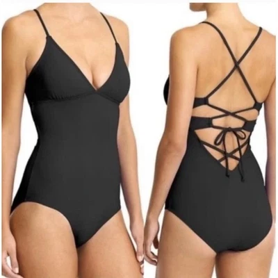 Traje de baño Athleta de una pieza cruzada con tiras traseras L negro cuello en V vacaciones piscina Foto 1 de 4