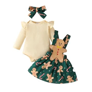 Infant Baby Girl Christmas Outfit Long Sleeve Romper Skirt Set Santa Gingerbr... - Picture 1 of 7