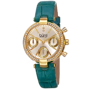 Nuevo reloj para mujer Burgi BUR129GN diamante suizo multifunción correa de cuero verde - Imagen 1 de 4