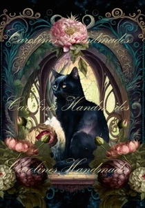 Black Cat Floral Designer Cotton Art Fabric Quilt Block Multi-size - Picture 1 of 1