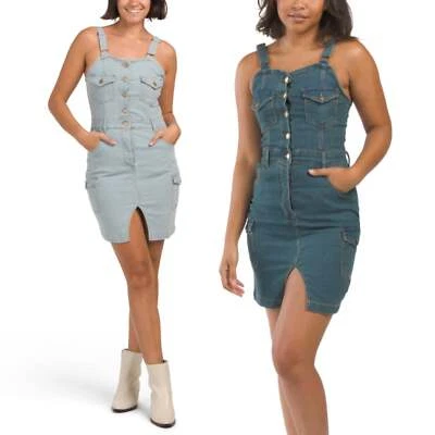 Mini vestido jeans feminino Bebe sem mangas botão frontal novo com etiquetas tamanho: P, M, L - Imagem 1 de 4