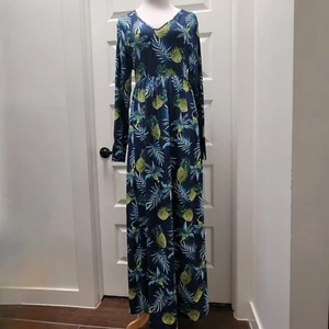 Women Ladies Hawaiian Aloha Blue Pineapple Long Sleeve Maxi Dress Stretchy - Picture 1 of 8