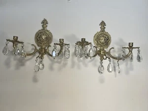 Vintage Pair Spanish Brass Crystal Candle Holder Wall Sconces High End Estate - Picture 1 of 21